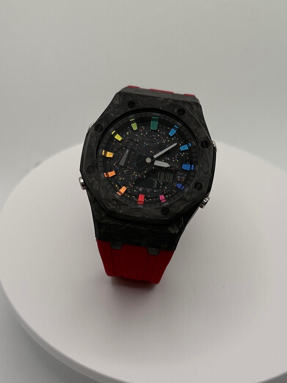 Carbon Black Sport Watch with Red Strap and Multicolor Dial